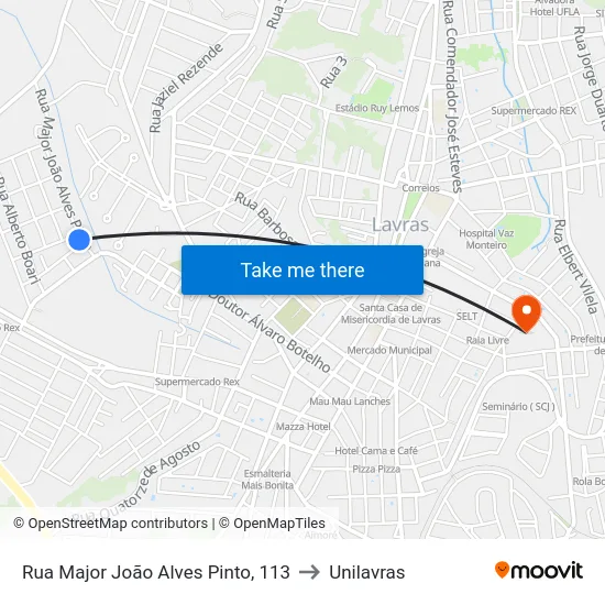 Rua Major João Alves Pinto, 113 to Unilavras map