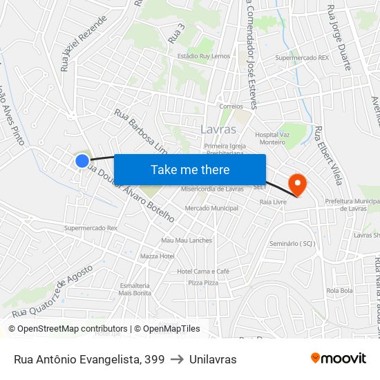 Rua Antônio Evangelista, 399 to Unilavras map