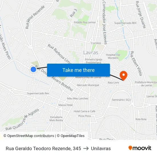Rua Geraldo Teodoro Rezende, 345 to Unilavras map