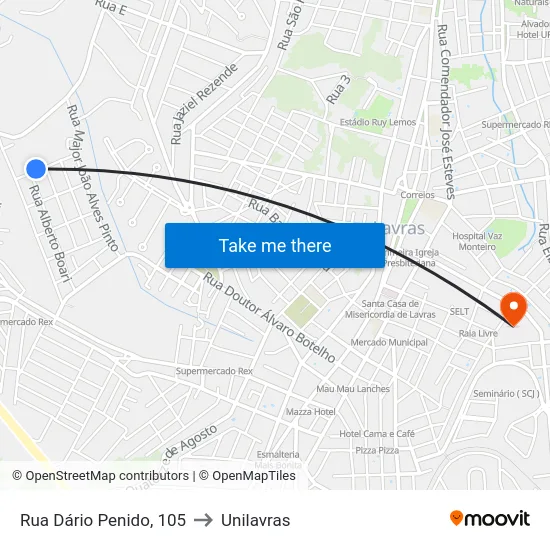 Rua Dário Penido, 105 to Unilavras map