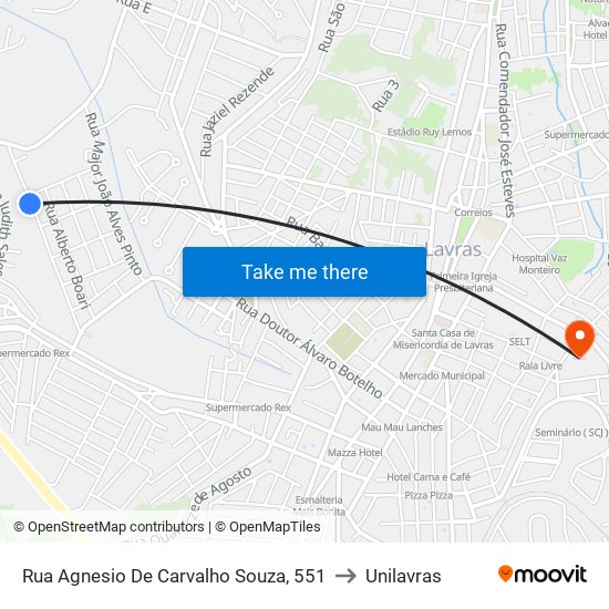 Rua Agnesio De Carvalho Souza, 551 to Unilavras map