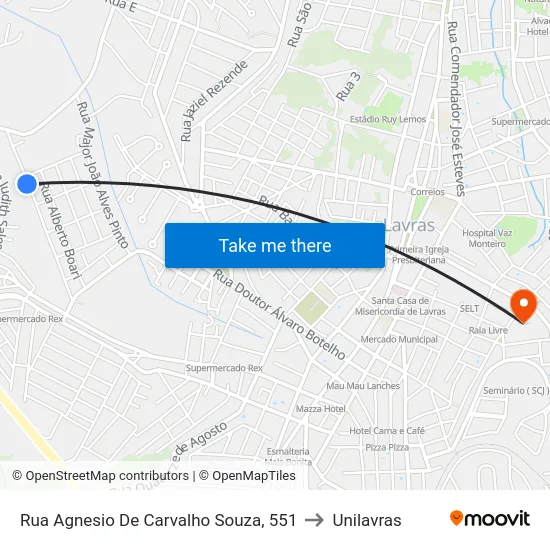 Rua Agnesio De Carvalho Souza, 551 to Unilavras map