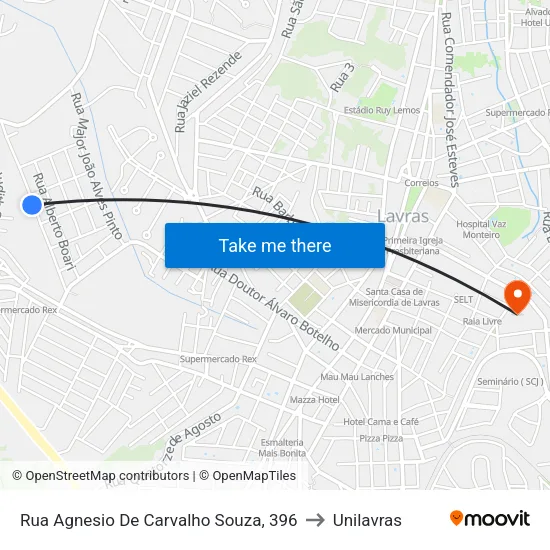 Rua Agnesio De Carvalho Souza, 396 to Unilavras map