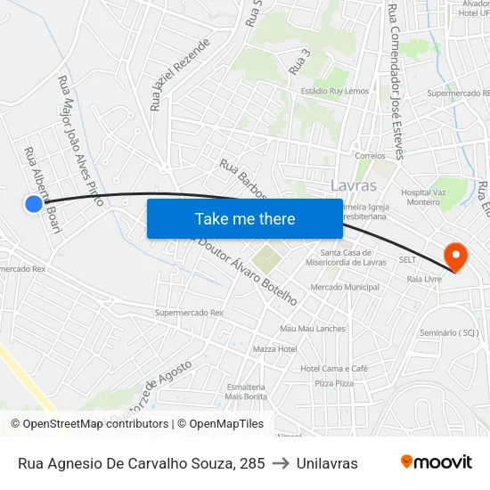 Rua Agnesio De Carvalho Souza, 285 to Unilavras map