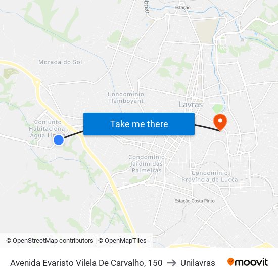 Avenida Evaristo Vilela De Carvalho, 150 to Unilavras map