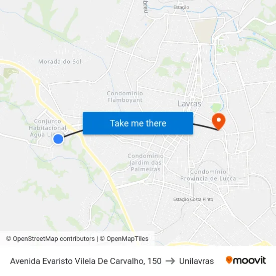 Avenida Evaristo Vilela De Carvalho, 150 to Unilavras map