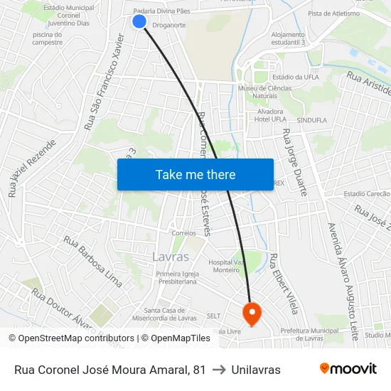 Rua Coronel José Moura Amaral, 81 to Unilavras map