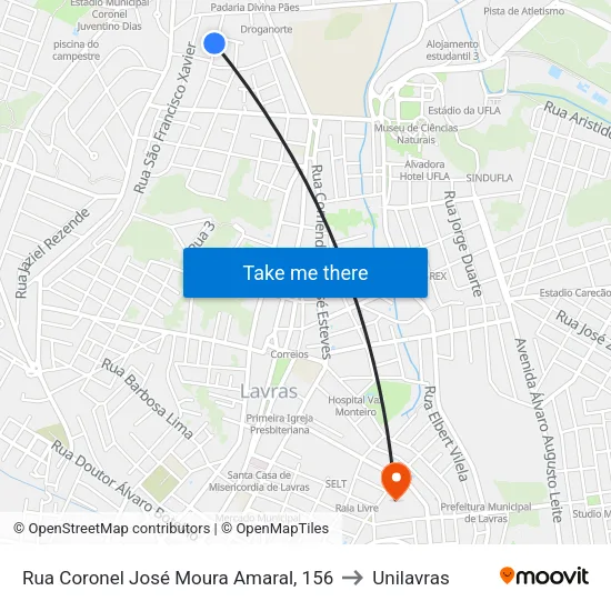 Rua Coronel José Moura Amaral, 156 to Unilavras map