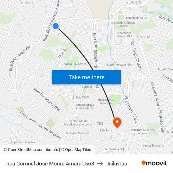 Rua Coronel José Moura Amaral, 568 to Unilavras map