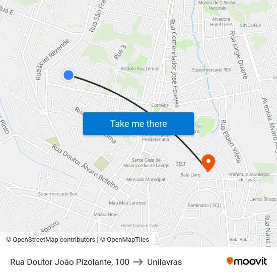 Rua Doutor João Pizolante, 100 to Unilavras map