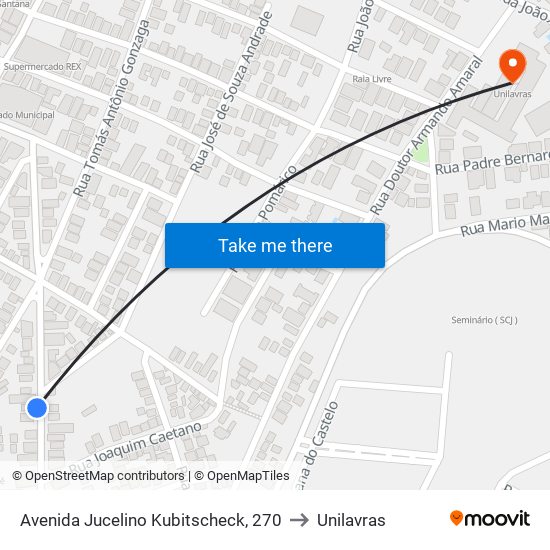 Avenida Jucelino Kubitscheck, 270 to Unilavras map
