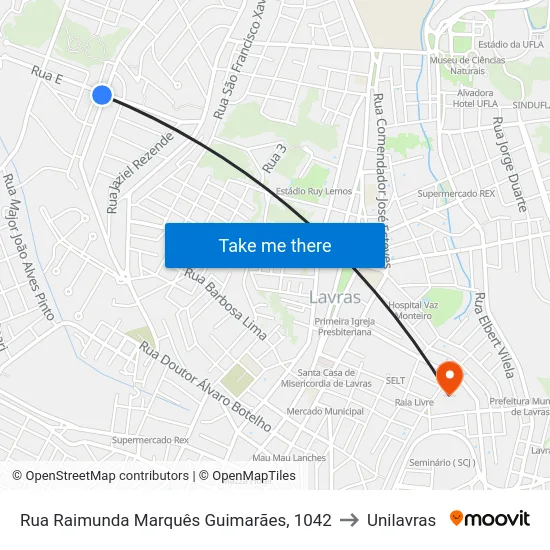 Rua Raimunda Marquês Guimarães, 1042 to Unilavras map
