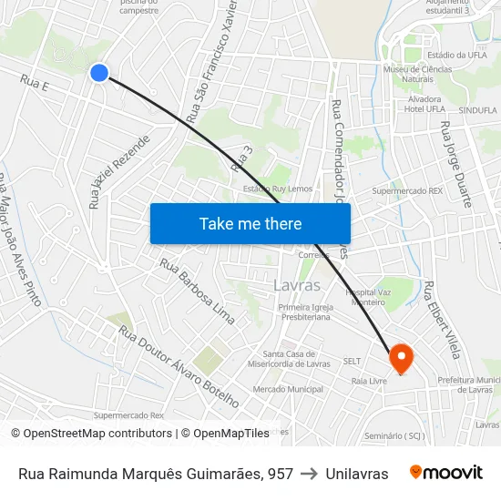 Rua Raimunda Marquês Guimarães, 957 to Unilavras map
