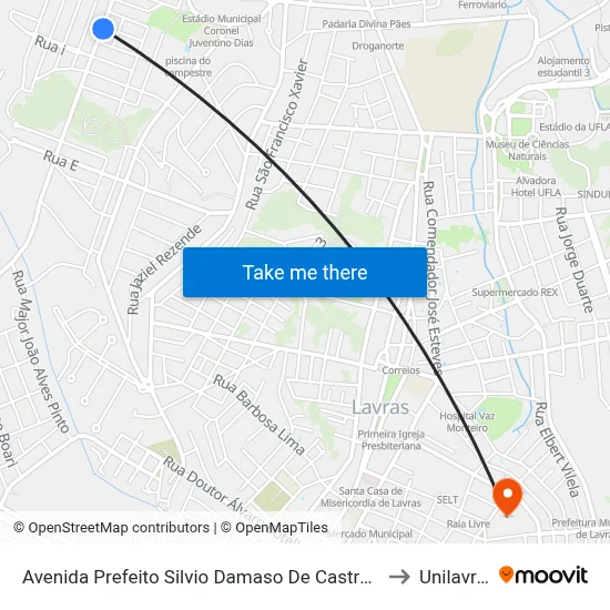 Avenida Prefeito Silvio Damaso De Castro, 985 to Unilavras map