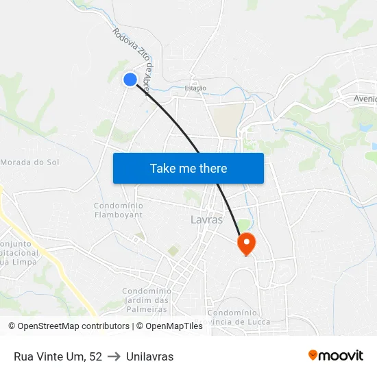 Rua Vinte Um, 52 to Unilavras map