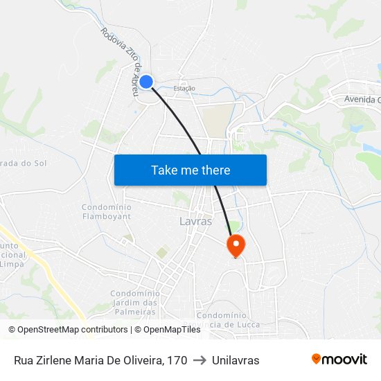 Rua Zirlene Maria De Oliveira, 170 to Unilavras map