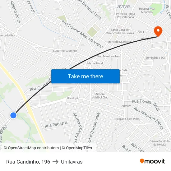 Rua Candinho, 196 to Unilavras map
