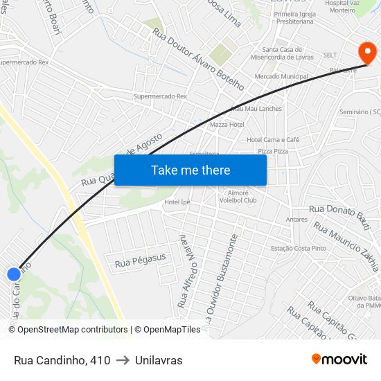 Rua Candinho, 410 to Unilavras map