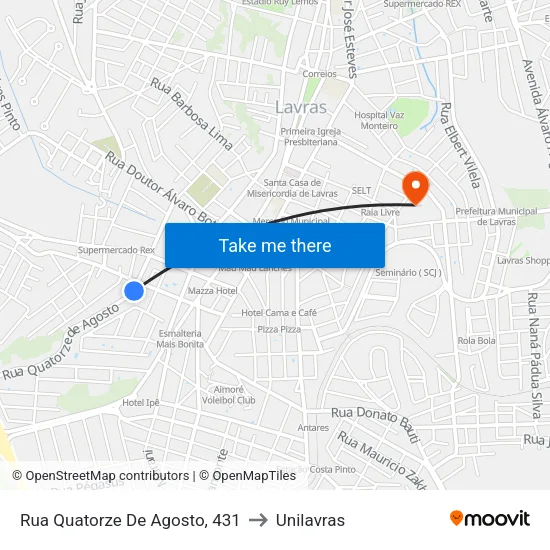 Rua Quatorze De Agosto, 431 to Unilavras map