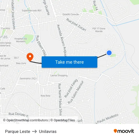 Parque Leste to Unilavras map