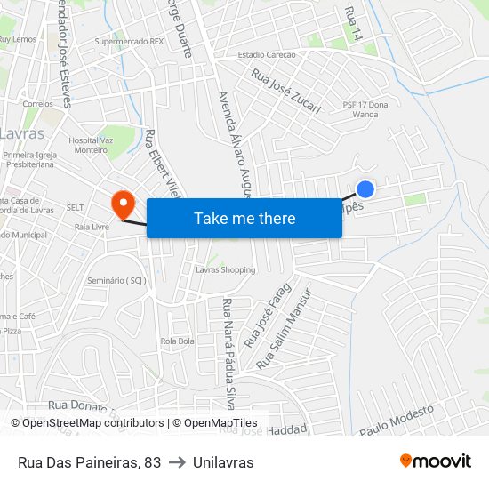 Rua Das Paineiras, 83 to Unilavras map