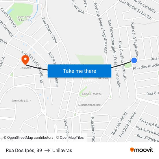 Rua Dos Ipês, 89 to Unilavras map