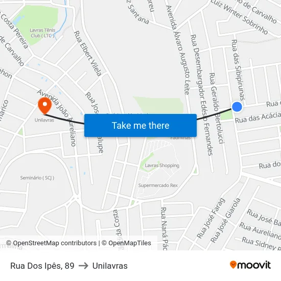 Rua Dos Ipês, 89 to Unilavras map