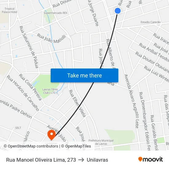 Rua Manoel Oliveira Lima, 273 to Unilavras map