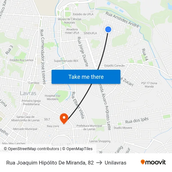 Rua Joaquim Hipólito De Miranda, 82 to Unilavras map
