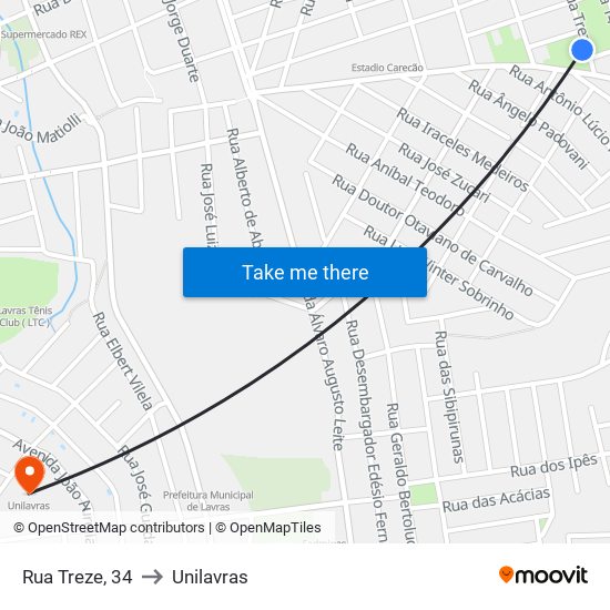 Rua Treze, 34 to Unilavras map