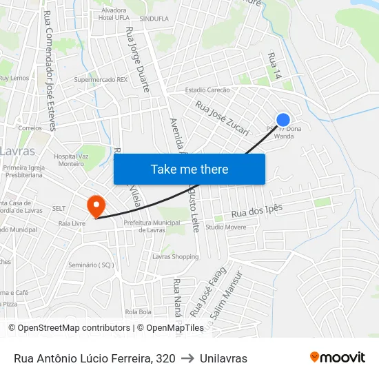 Rua Antônio Lúcio Ferreira, 320 to Unilavras map