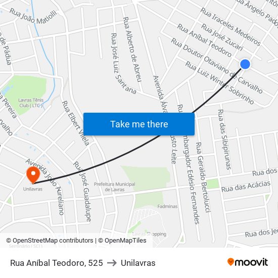 Rua Aníbal Teodoro, 525 to Unilavras map