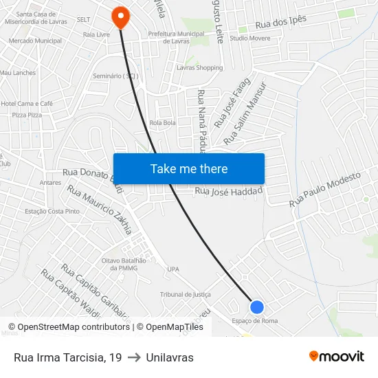 Rua Irma Tarcisia, 19 to Unilavras map