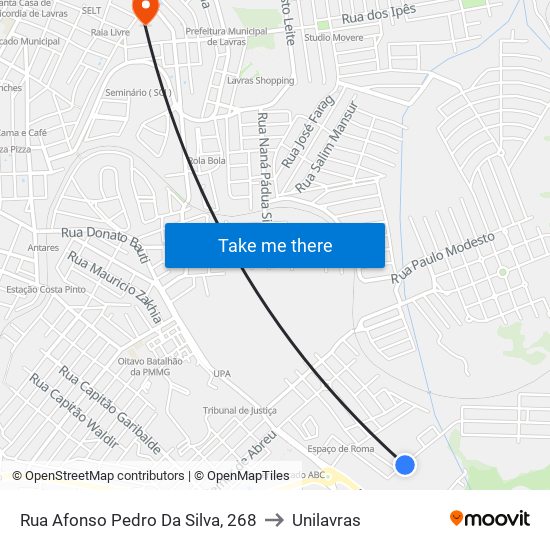 Rua Afonso Pedro Da Silva, 268 to Unilavras map