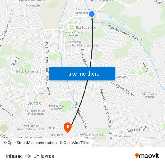 Inbatec to Unilavras map