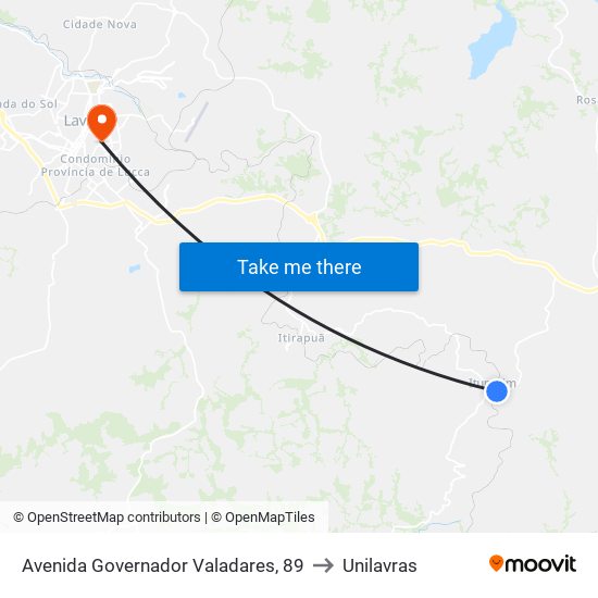 Avenida Governador Valadares, 89 to Unilavras map