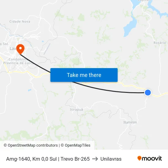 Amg-1640, Km 0,0 Sul | Trevo Br-265 to Unilavras map
