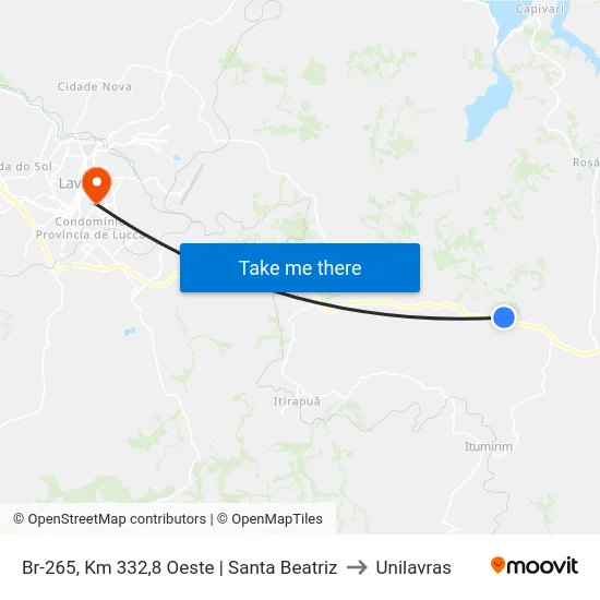 Br-265, Km 332,8 Oeste | Santa Beatriz to Unilavras map