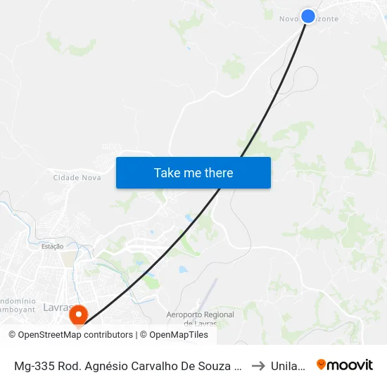 Mg-335 Rod. Agnésio Carvalho De Souza Km 78,6 Sul to Unilavras map
