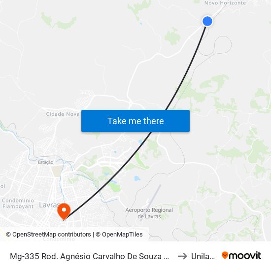 Mg-335 Rod. Agnésio Carvalho De Souza Km 79,6 Norte to Unilavras map