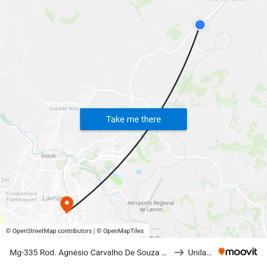 Mg-335 Rod. Agnésio Carvalho De Souza Km 80,0 Norte to Unilavras map