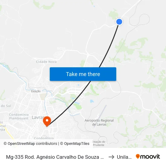 Mg-335 Rod. Agnésio Carvalho De Souza Km 80,8 Norte to Unilavras map