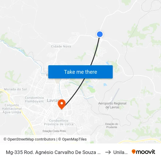 Mg-335 Rod. Agnésio Carvalho De Souza Km 83,9 Norte to Unilavras map