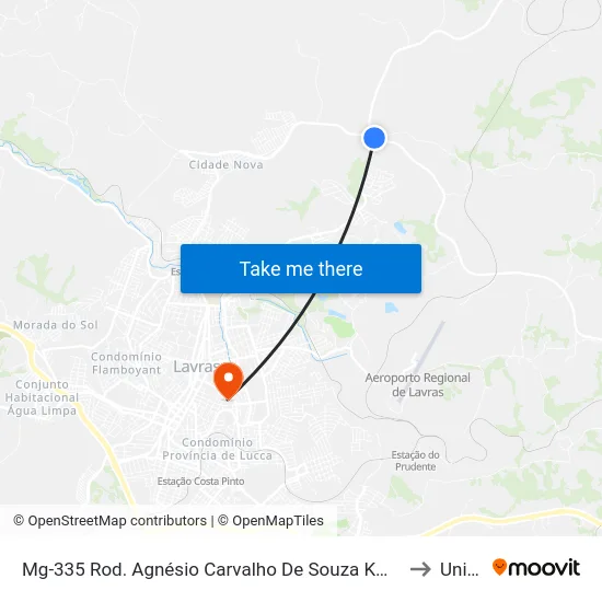 Mg-335 Rod. Agnésio Carvalho De Souza Km 84,3 Sul | Trevo Anel Rodov. Lavras to Unilavras map