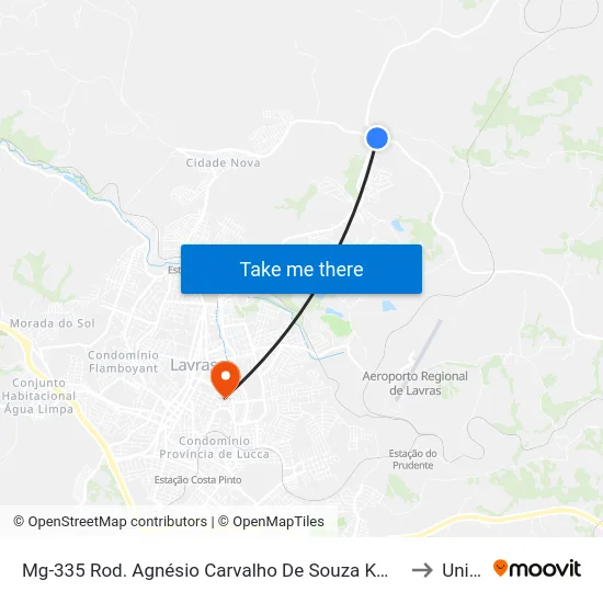 Mg-335 Rod. Agnésio Carvalho De Souza Km 84,3 Norte | Trevo Anel Rodov. Lavras to Unilavras map