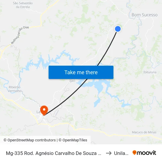 Mg-335 Rod. Agnésio Carvalho De Souza Km 57,9 Norte to Unilavras map