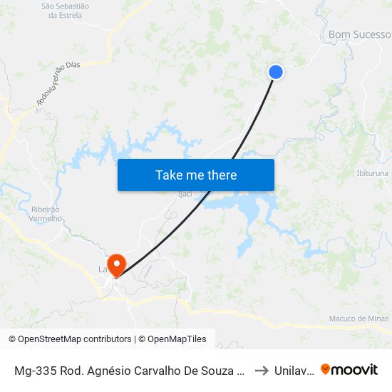 Mg-335 Rod. Agnésio Carvalho De Souza Km 60,2 Sul to Unilavras map
