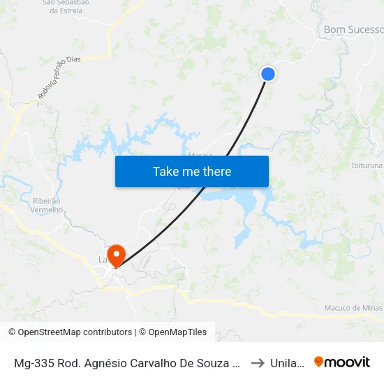 Mg-335 Rod. Agnésio Carvalho De Souza Km 61,1 Norte to Unilavras map