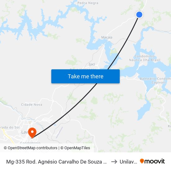 Mg-335 Rod. Agnésio Carvalho De Souza Km 68,2 Sul to Unilavras map