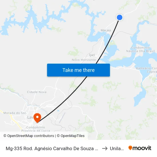 Mg-335 Rod. Agnésio Carvalho De Souza Km 70,4 Sul to Unilavras map